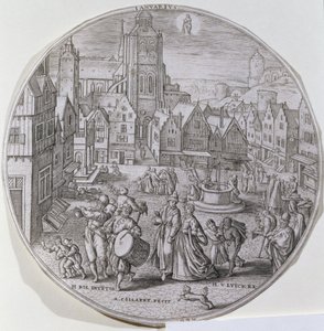 Janvier, montrant des bourgeois célébrant la Nuit des Rois sur la place du marché de Bergen, d