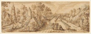 Vue de Delfgauw, avec Abraham et les trois anges - Hans Bol