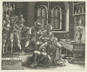 Dalila coupe les cheveux de Samson endormi tandis que les Philistins attendent - Hans Brosamer
