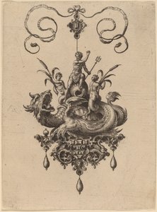 Conception pour un pendentif avec un monstre marin portant Neptune flanqué de deux Néréides - Hans Collaert the Elder