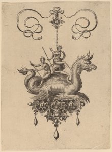 Conception pour un pendentif avec un monstre marin portant Neptune sur une urne flanquée d
