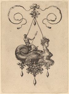Conception pour un pendentif avec un sphinx au corps de poisson portant un homme avec une rame - Hans Collaert the Elder