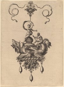 Conception pour un pendentif avec un monstre marin ailé portant Vénus Anadyomène sur une coquille et un homme avec une rame - Hans Collaert the Elder