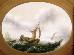 Bateaux de pêche néerlandais pris dans une grande brise, un plus petit bateau, voiles baissées, à droite, avec des pêcheurs tirant les filets - Hans Goderis