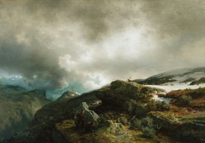 Paysage de haute montagne avec chasseurs de rennes