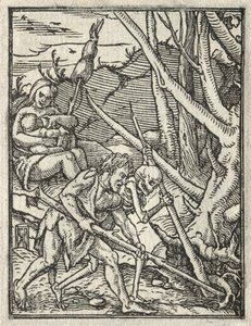 La Danse de la Mort : Expulsion du Paradis ; Adam cultivant le sol