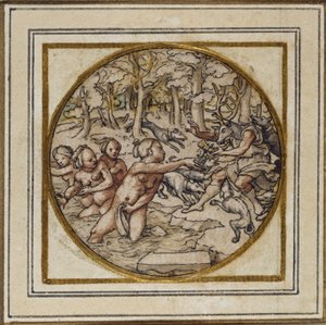 Diane et Actéon - Conception pour un pendentif ou un badge de chapeau, vers 1532-43