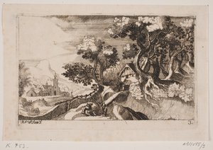 Paysage avec une cabane entre des arbres à droite