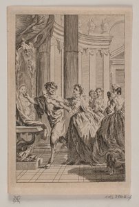 Faune avec un masque à main, poursuivi par une femme