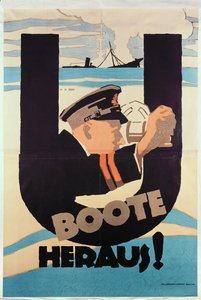 Affiche allemande de la Première Guerre mondiale, U BOOTE HERAUS (U BOATS AWAY)