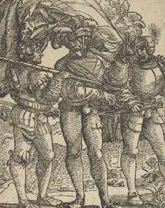Un porte-étendard flanqué de deux lansquenets