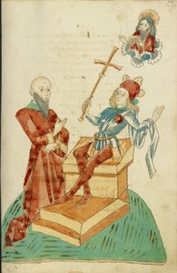 Un savant païen avant Josaphat, qui fait un geste à Dieu le Père dans les cieux