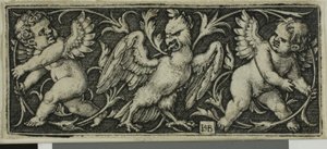 Ornement avec un aigle et deux génies, de Quatre Vignettes