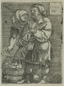 Couple de paysans vendant des œufs