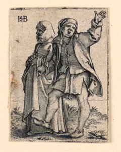La procession de mariage : Couple marchant à gauche, homme se retournant, levant le bras - Hans Sebald Beham