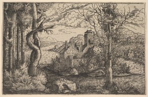 Vue sur une rivière, avec un château sur une île, 1553