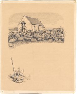 Illustration pour St. St. Blicher : "Mowns". Avant-plan : église derrière un mur de pierre ; avant-plan : cimetière (?) avec une pelle - Hans Smidth