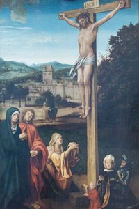Christ crucifié avec Marie, saint Jean, sainte Marie-Madeleine et des patrons