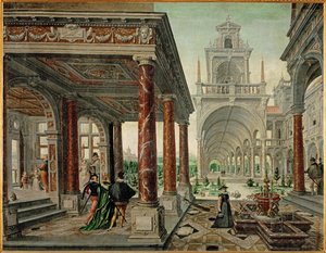 Architecture de palais avec compagnie élégante (huile sur toile)