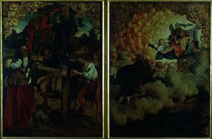 Histoires de S.S Pierre et Paul retable : détail montrant de gauche à droite Crucifixion de Saint Pierre, Saint Paul montant au ciel (détail) - Hans von Klumbach
