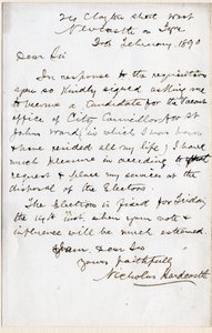 Lettre de Nicholas Hardcastle acceptant l