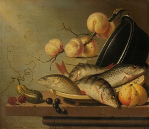 Nature morte avec des poissons et des fruits