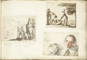 Chasseurs avec faucons, jeunes bergers et femme avec enfant