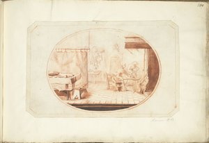 Intérieur de cuisine avec deux femmes et un chat, en ovale