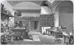 Michael Faraday (1791-1867) dans son laboratoire au sous-sol, d