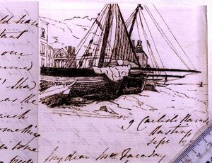 Vignette de bateaux de pêche à Hastings, croquis dans une lettre à Michael Faraday, 23 septembre 1853 (plume et encre sur papier)