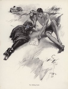 Deux amoureux dessinant des cœurs dans le sable à la plage - Harrison Fisher