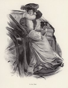 Femme assise dans une calèche avec son chien - Harrison Fisher