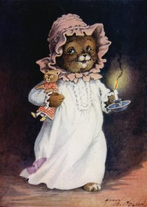 Chat en chemise de nuit, portant une bougie et un chat en peluche, allant se coucher
