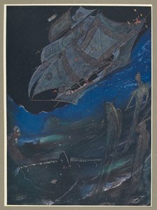 Une illustration montrant un navire en mer, et des poissons en dessous.