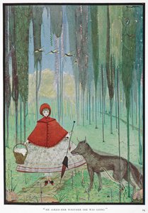 Il lui demanda où elle allait. Le Petit Chaperon Rouge rencontre le loup, dans une forêt.