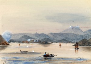 Le HMS Tribune trouvant son chemin sur la rivière Chuenpee à Canton (Chine), avec des bateaux à rames et des jonques chinoises