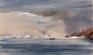 Les icebergs au large du Cap Horn (Chili), avec la silhouette du HMS Tribune. Peinture du Vice-amiral Harry Edmund Edgell (1809-1876), aquarelle 1856. - Harry Edmond Edgell