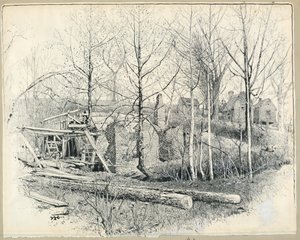Dessin, aspect actuel du moulin de Gaines, en regardant vers l