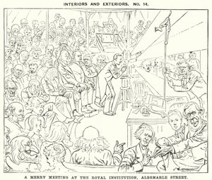 Caricature de Punch : Une joyeuse rencontre à la Royal Institution, Albemarle Street, Londres (gravure)