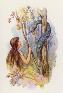 Eve regarde le serpent avec étonnement (lithographie couleur) - Harry George Theaker