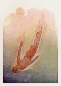 Phaéton, les cheveux en flammes, tombant dans une rivière profonde et fraîche (lithographie couleur) - Harry George Theaker