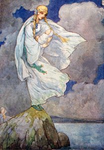 Elle avait emmené le bébé sur un gros rocher gris (lithographie couleur) - Harry George Theaker