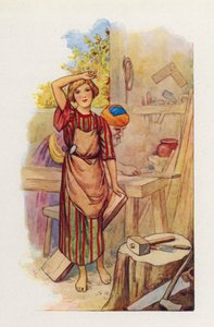 Le garçon Jésus commence à apprendre le travail de charpentier (lithographie couleur)