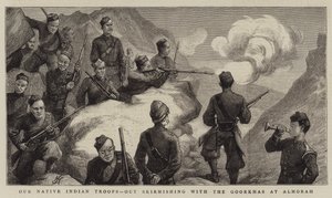 Nos troupes indiennes indigènes, en escarmouche avec les Goorkhas à Almorah - Harry Hamilton Johnston