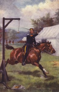 Soldat britannique du 10th Hussars coupant du citron (lithographie couleur)