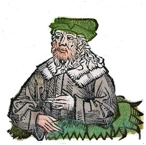 Portrait de Plotin (Plotino) (Plotinus) (205 - 270), philosophe grec. Xylographie des « Chroniques de Nuremberg » par Hartmann Schedel
