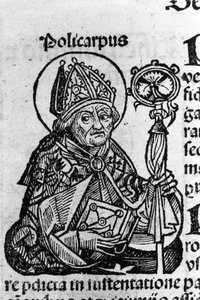 Portrait de Saint Polycarpe de Smyrne, évêque. Gravure des « Chroniques de Nuremberg » par Schedel Hartmann