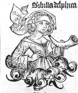 Représentation de la Pythie de Delphes. Xylographie de « Liber chronicarum » par Hartmann Schedel, Nuremberg 1497