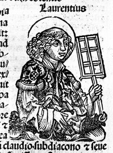 Saint Laurent tenant dans sa main le gril, instrument de son martyre. Gravure du « Liber Chronicarum » de Hartmann Schedel - Hartmann Schedel