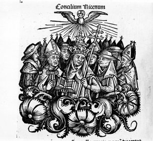 Le Concile de Nicée. Illustration des « Chroniques universelles de Nuremberg » par H. Schedel.